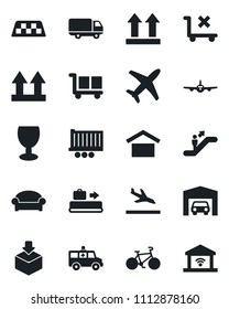 Set of vector isolated black icon - taxi vector, arrival, baggage conveyor, escalator, waiting area, plane, ambulance car, bike, truck trailer, delivery, fragile, cargo, warehouse storage, package