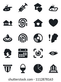 Set of vector isolated black icon - pennant vector, circle chart, tree, heart, syringe, eye, calendar, id, fingerprint, pie graph, house with, pond, sweet home, egg stand, water, smoke detector