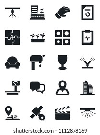 Set of vector isolated black icon - airport building vector, document reload, glove, seedling, pulse clipboard, navigation, satellite, fragile, heavy scales, clapboard, dialog, application, office