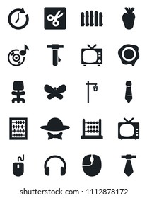 Set of vector isolated black icon - tv vector, office chair, abacus, mouse, tie, stamp, fence, butterfly, garden light, real heart, headphones, cut, music, dress code, clock