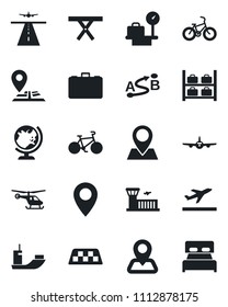 Set of vector isolated black icon - runway vector, taxi, departure, globe, plane, helicopter, luggage storage, scales, airport building, case, picnic table, bike, navigation, pin, sea shipping