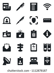 Set of vector isolated black icon - satellite antenna vector, bomb in case, reception, identity card, book, document, pulse clipboard, signpost, mail, wireless, face id, news, pen, bedroom, reserved