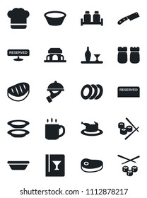 Set of vector isolated black icon - coffee vector, alcohol, cook hat, wine card, reserved, plates, waiter, salt and pepper, cafe building, chicken, steak, bowl, knife, sushi