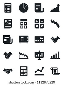 Set of vector isolated black icon - credit card vector, safe, handshake, growth statistic, calculator, crisis graph, receipt, news, bar, pie, point, presentation, contract