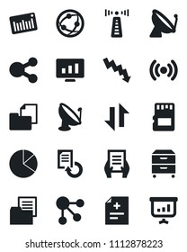 Set of vector isolated black icon - antenna vector, satellite, crisis graph, document, statistic monitor, reload, diagnosis, folder, barcode, network, sd, data exchange, pie, archive box, wireless