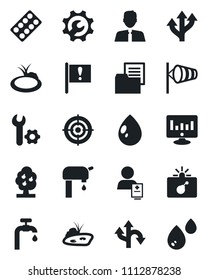 Set of vector isolated black icon - bomb in case vector, wind, statistic monitor, water drop, pond, pills blister, patient, route, important flag, folder document, root setup, target, supply