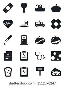 Set of vector isolated black icon - medical room vector, plant label, pumpkin, heart pulse, diagnosis, stethoscope, dropper, patch, ambulance car, implant, clipboard, diet, pool, bread, cheese