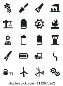 Set of vector isolated black icon - airport tower vector, fork loader, factory, trowel, saw, sickle, sea port, flammable, battery, low, root setup, sun panel, windmill, crane, gear