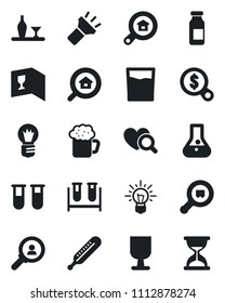 Set of vector isolated black icon - bulb vector, blood test vial, thermometer, heart diagnostic, ampoule, fragile, search cargo, torch, estate, alcohol, wine card, drink, beer, consumer, money, idea