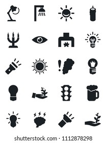 Set of vector isolated black icon - sun vector, brainstorm, bulb, eye, traffic light, torch, desk lamp, fireplace, beer, candle, smoke detector, outdoor, alarm led, palm sproute, idea
