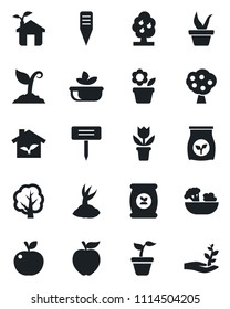 Set of vector isolated black icon - flower in pot vector, seedling, tree, sproute, plant label, fertilizer, fruit, salad, apple, eco house, palm