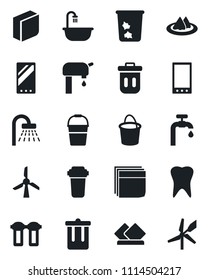 Set of vector isolated black icon - trash bin vector, shower, bucket, tooth, mobile, blank box, water supply, bathroom, serviette, filter, windmill
