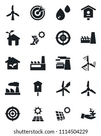 Set of vector isolated black icon - factory vector, bird house, target, sun panel, windmill, eco, water, palm sproute