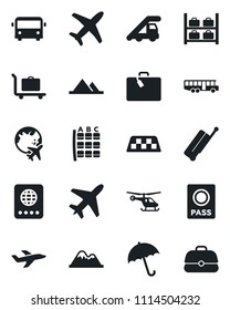 Set of vector isolated black icon - plane vector, taxi, suitcase, baggage trolley, airport bus, umbrella, passport, ladder car, helicopter, seat map, luggage storage, globe, mountains, case