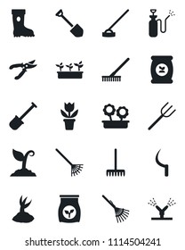 Set of vector isolated black icon - job vector, flower in pot, shovel, farm fork, rake, sproute, pruner, boot, seedling, hoe, sickle, garden sprayer, fertilizer, irrigation