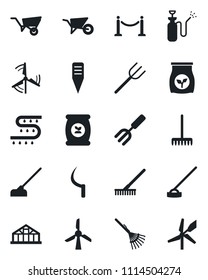 Set of vector isolated black icon - fence vector, garden fork, farm, rake, wheelbarrow, hoe, sickle, plant label, greenhouse, sprayer, fertilizer, drip irrigation, windmill