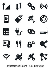 Set of vector isolated black icon - satellite vector, network, share, chain, rca, sim, data exchange, cellular signal, wireless, power plug, lock, router, home control app, social media