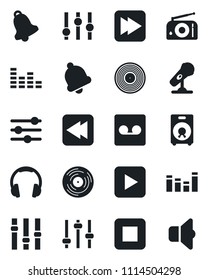 Set of vector isolated black icon - vinyl vector, microphone, radio, settings, equalizer, headphones, speaker, play button, stop, fast forward, rewind, tuning, bell, record, sound