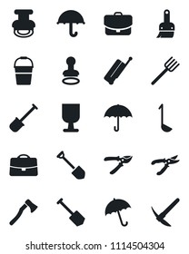 Set of vector isolated black icon - suitcase vector, umbrella, stamp, job, shovel, farm fork, bucket, pruner, axe, fragile, themes, case, ladle, hard work