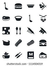 Set of vector isolated black icon - spoon and fork vector, menu, salad, bacon, chicken, steak, kebab, hamburger, ladle, bowl, rolling pin, sushi, cheese