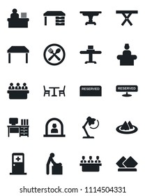 Set of vector isolated black icon - cafe vector, baby room, reception, medical, desk, meeting, picnic table, manager, lamp, restaurant, serviette, reserved