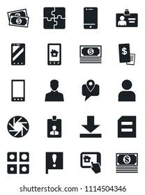 Set of vector isolated black icon - mobile phone vector, identity card, document, important flag, cash, tracking, cell, camera, user, download, application, restaurant receipt, home control app