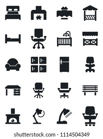 Set of vector isolated black icon - checkroom vector, office chair, desk, bench, lamp, bedroom, children room, cushioned furniture, fireplace, restaurant table, alcove, fridge