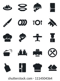 Set of vector isolated black icon - fridge vector, cook, restaurant table, serviette, cafe, hat, plates, waiter, salt and pepper, rolling pin, cutting board, knife, steaming pan