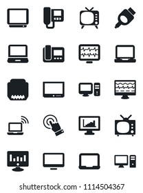 Set of vector isolated black icon - wireless notebook vector, pc, statistic monitor, pulse, tv, touch screen, laptop, hdmi, statistics, intercome