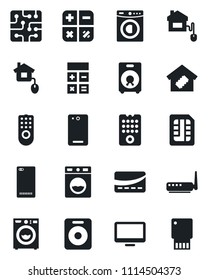 Set of vector isolated black icon - calculator vector, monitor, speaker, phone back, sim, washer, smart home, credit card, control, chip, remote, router, usb flash