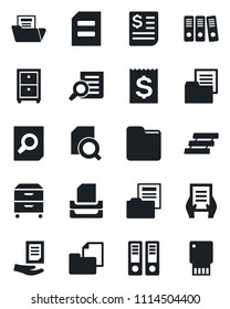 Set of vector isolated black icon - office binder vector, document search, receipt, folder, paper, tray, archive box, usb flash