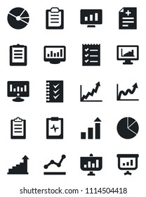 Set of vector isolated black icon - growth statistic vector, monitor, diagnosis, pulse clipboard, statistics, pie graph, checklist, point, presentation