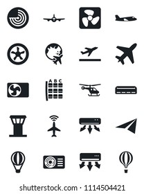 Set of vector isolated black icon - plane vector, airport tower, radar, departure, helicopter, seat map, globe, air conditioner, fan, paper, balloon