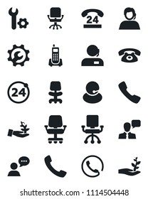Set of vector isolated black icon - 24 around vector, office chair, phone, hours, support, speaker, call, root setup, palm sproute
