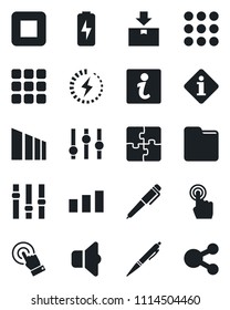 Set of vector isolated black icon - package vector, sorting, settings, touch screen, stop button, menu, folder, charge, application, pen, sound, information, social media