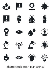 Set of vector isolated black icon - sun vector, bulb, lady bug, fire, eye, important flag, brightness, desk lamp, water, energy saving, shining head, idea