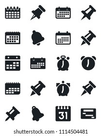 Set of vector isolated black icon - alarm clock vector, drawing pin, calendar, term, paper, bell, schedule