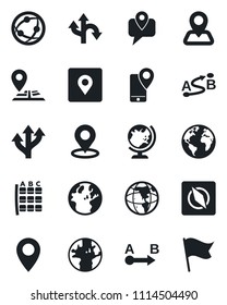 Set of vector isolated black icon - globe vector, seat map, route, navigation, earth, pin, mobile tracking, network, place tag, compass, flag