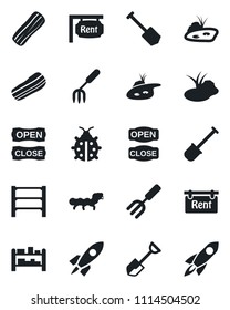Set of vector isolated black icon - job vector, garden fork, shovel, lady bug, caterpillar, pond, rack, rent, bacon, open close, rocket
