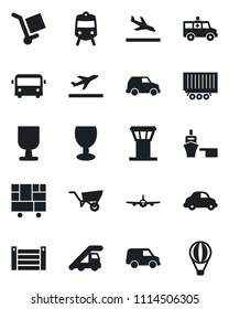 Set of vector isolated black icon - airport tower vector, departure, arrival, bus, train, ladder car, plane, wheelbarrow, ambulance, truck trailer, delivery, sea port, container, consolidated cargo