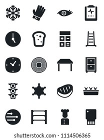 Set of vector isolated black icon - calculator vector, ladder, glove, seedling, eye, pulse clipboard, traffic light, rack, vinyl, clock, network, archive box, table, cook, bread, steak, snowflake