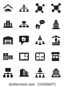 Set of vector isolated black icon - hierarchy vector, well, molecule, hospital, office building, garage, plan, home message