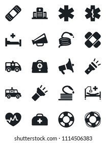 Set of vector isolated black icon - hose vector, heart pulse, doctor case, patch, ambulance star, car, hospital bed, loudspeaker, torch, crisis management