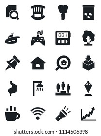 Set of vector isolated black icon - pedestal vector, pennant, coffee, tree, seeds, stomach, implant, package, gamepad, stopwatch, torch, drawing pin, document search, house, pond, estate, wireless