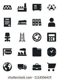 Set of vector isolated black icon - taxi vector, safe, office chair, case, factory, ladder, earth, car delivery, network, user, calculator, clock, folder, hr, paper binder, contract, stapler, rooms