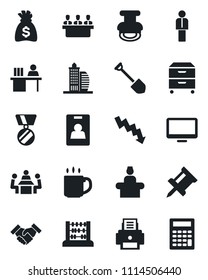 Set of vector isolated black icon - reception vector, manager, medal, abacus, money bag, crisis graph, job, monitor, coffee, drawing pin, identity card, desk, meeting, printer, archive box, stamp