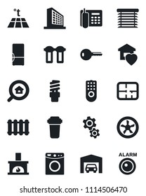 Set of vector isolated black icon - office building vector, phone, garage, plan, estate search, key, sweet home, fireplace, fridge, fan, remote control, gear, water filter, washer, radiator