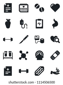 Set of vector isolated black icon - heart vector, diagnosis, molecule, blood pressure, test vial, dropper, diagnostic, pills, scalpel, patch, tomography, barbell, stomach, real, medical calendar