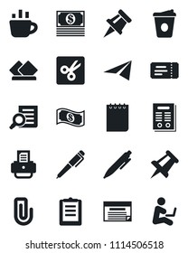 Set of vector isolated black icon - ticket vector, document search, pen, notepad, coffee, drawing pin, printer, clipboard, cut, paper clip, contract, serviette, cash, plane, schedule