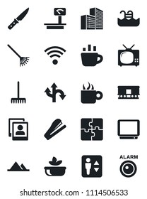 Set of vector isolated black icon - elevator vector, coffee, rake, route, heavy scales, railroad, tv, photo gallery, application, office building, stapler, pool, mountains, wireless, salad, knife